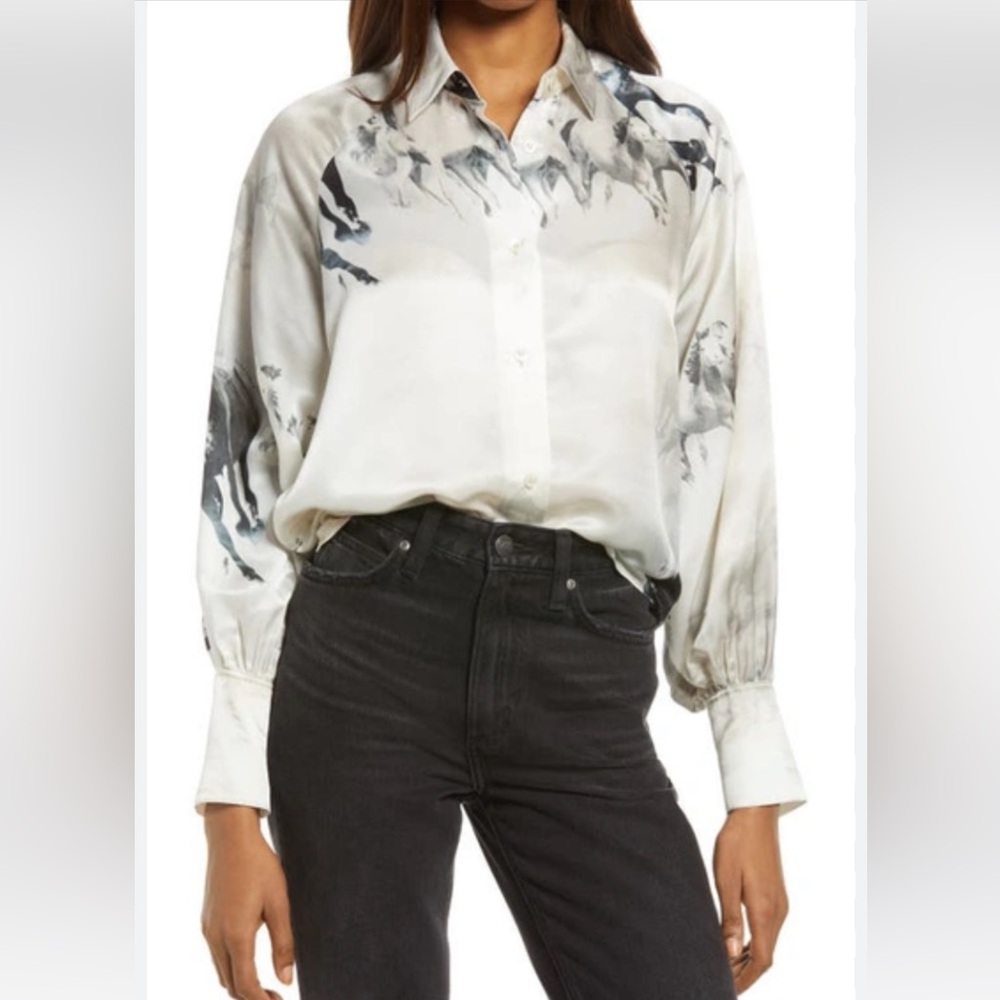 Allsaints Oana Epoto Horse Print Balloon Sleeve Blouse- silk